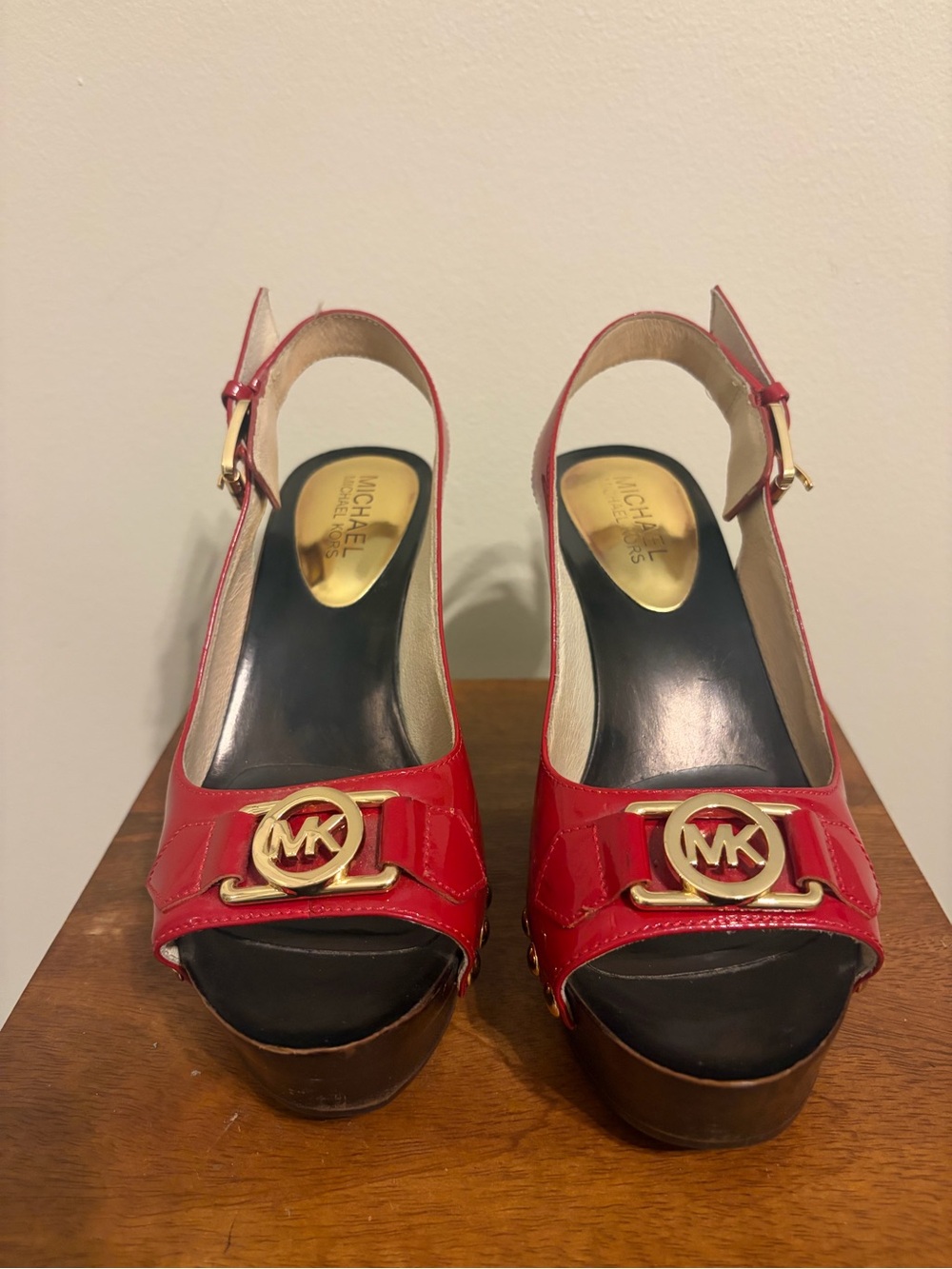 Michael Kors Red Patent Leather Platform Slingback Sandals with Gold MK Accent